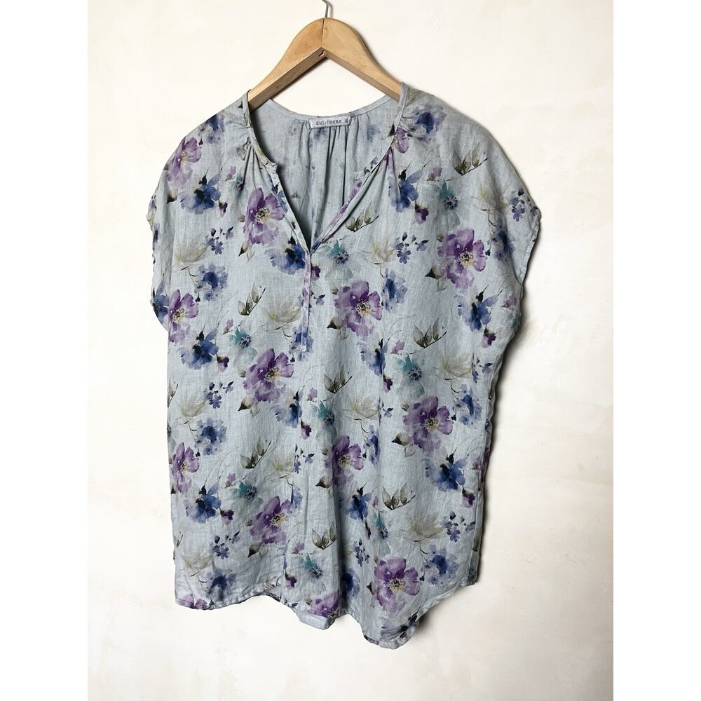 Cut Loose 100% Linen Floral Top Tunic Size XL Gray Boho Coastal Relaxed Casual - Picture 2 of 7